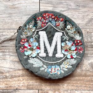 Anthropologie x Anna Harlow Susso Beaded Monogram Clutch Sequin Floral Bag Green